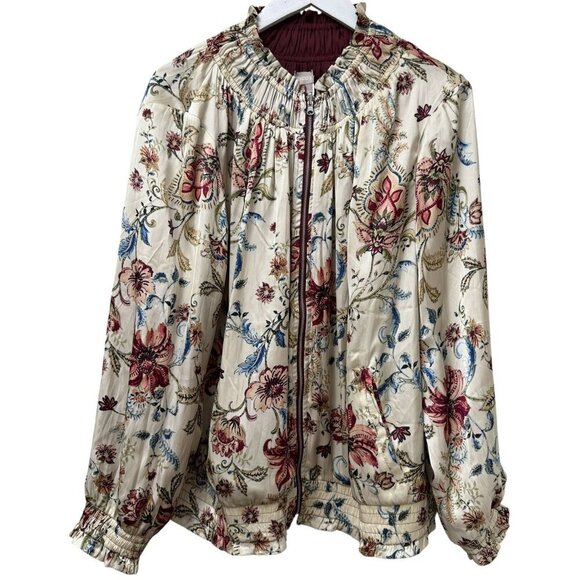 CHICO'S Floral Bomber Jacket XL (Chicos 3) Cream Red Reversible Zip Front Satin - Picture 2 of 15
